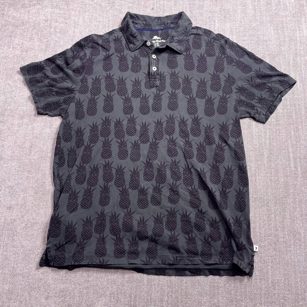 Tommy Bahama Polo Shirt Mens Large Charcoal Green Allover Pineapple Print Golf